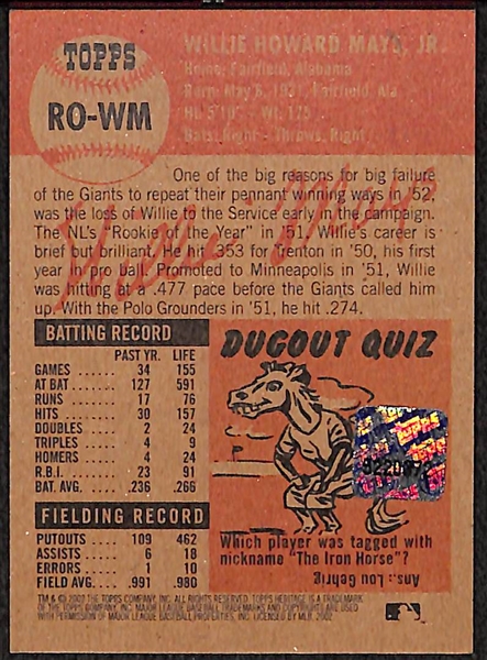 2002 Topps Heritage Willie Mays Certified On-Card Autograph Card