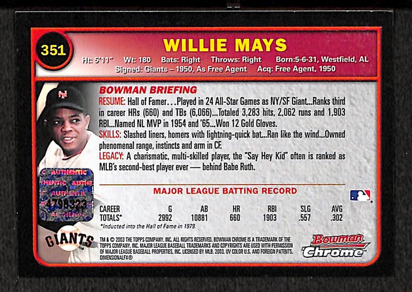 2003 Topps Bowman Chrome Willie Mays Certified On-Card Autograph Card