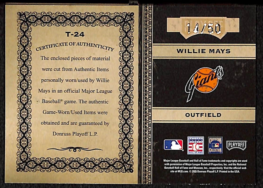 2005 Playoff Prime Cuts Timeline Willie Mays Auto Jersey Bat Card #14/50