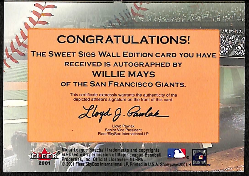 2001 Fleer Showcase Sweet Sigs Wall Edition Willie Mays Auto Card