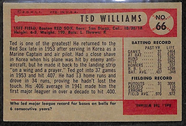 1954 Bowman Ted Williams #66 Card BVG 6.5 - HIGH GRADE!