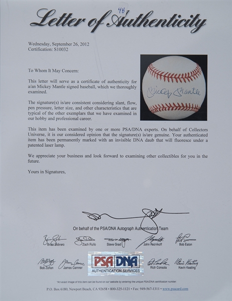 Mickey Mantle Signed Official American League Baseball - PSA LOA