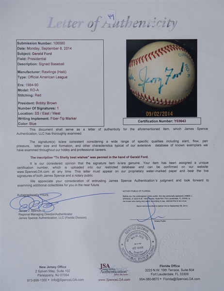 President Gerald Ford Signed Official American League Baseball - JSA LOA