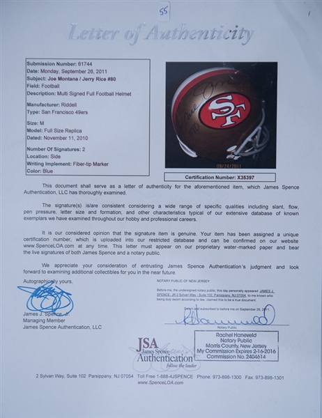 Jerry Rice & Joe Montana Signed Riddell Full Size Helmet - JSA LOA