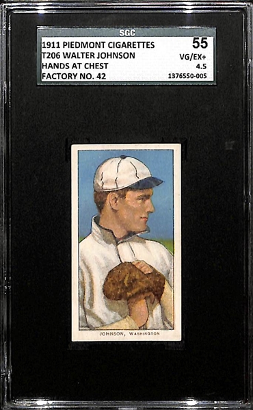 RARE 1911 T206 Walter Johnson - Piedmont Back - Hands At Chest - SGC 55 (4.5) - Factory No. 42 - HOF