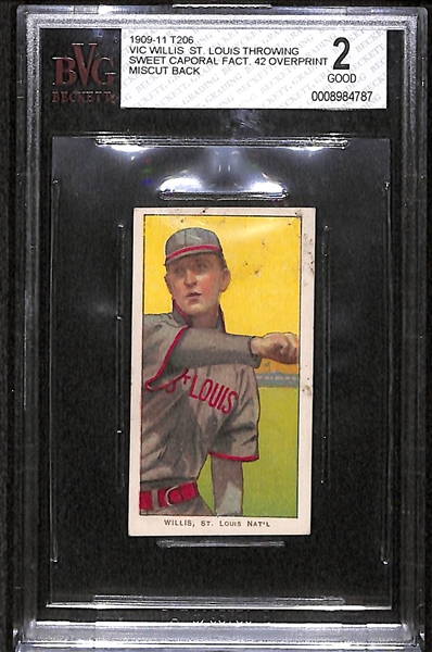 *Extremely RARE - Double Error Card* 1909-11 T206 Vic Willis - St. Louis - Throwing - Sweet Caporal Back - Factory 42 - Missed Overprint & Miscut Back