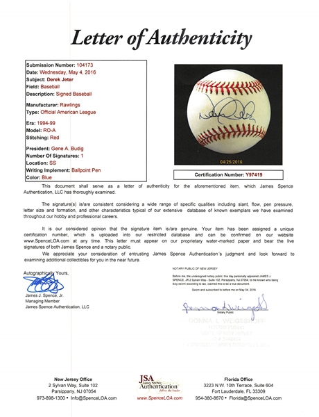 Derek Jeter Signed Rawlings Official American League Baseball  - JSA