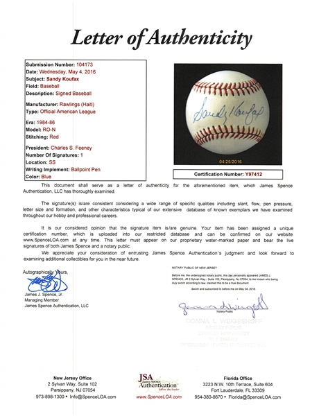 Sandy Koufax Signed National League Baseball - JSA