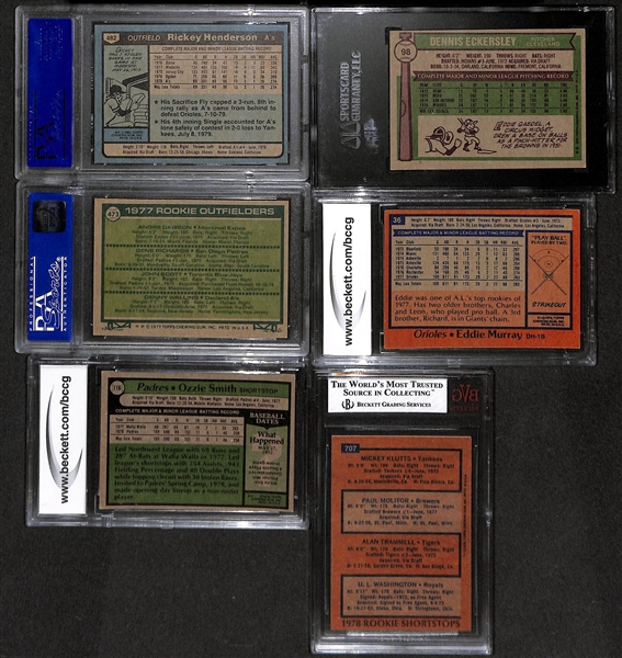 Lot Of 6 Baseball Graded Rookie Cards From 1970/80s w. Rickey Henderson