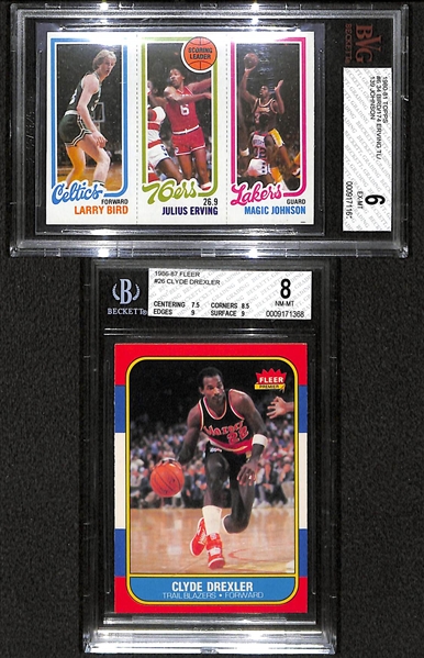 Lot of 2 1980s Star Basketball Rookie Cards - Bird/Johnson & Drexler (1986 Fleer) - BVG 6 & 8