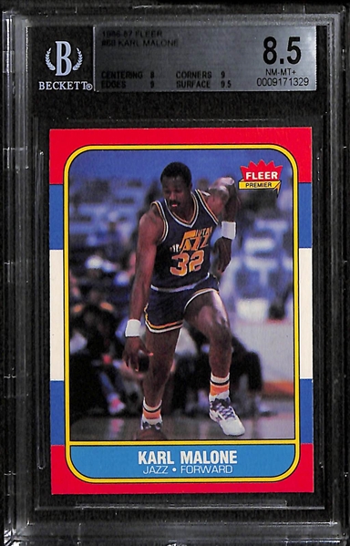 Lot of 2 1986-87 Fleer Basketball - Malone & Thomas Rookie Cards- BVG 8.5