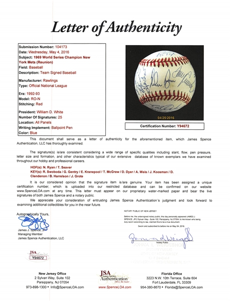 1969 Mets Championship Signed Baseball w. Nolan Ryan - JSA