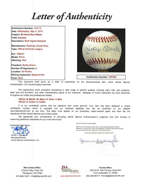 50 Home Run Club Signed Baseball w. Mantle & Mays - 6 Total Signatures - JSA