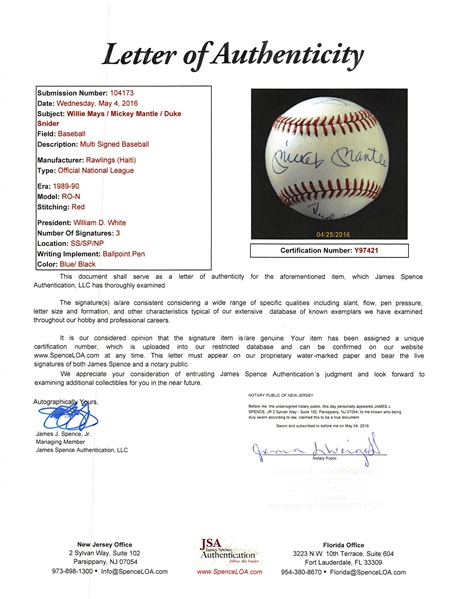 Willie, Mickey, & The Duke Signed Baseball - JSA