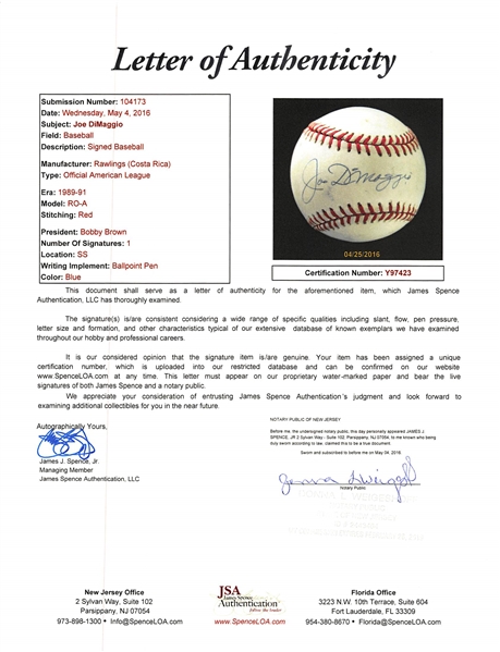 Joe DiMaggio Signed Official A.L. Baseball - JSA