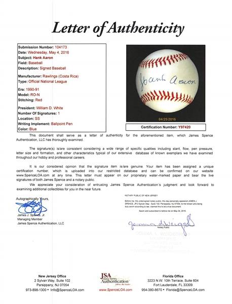 Hank Aaron Signed Official N.L. Baseball - JSA