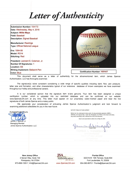 Willie Mays Signed Official N.L Baseball - JSA