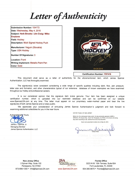USA Hockey Signed Hockey Puck: Craig - Eruzione - Brooks (Coach) Miracle On Ice - JSA
