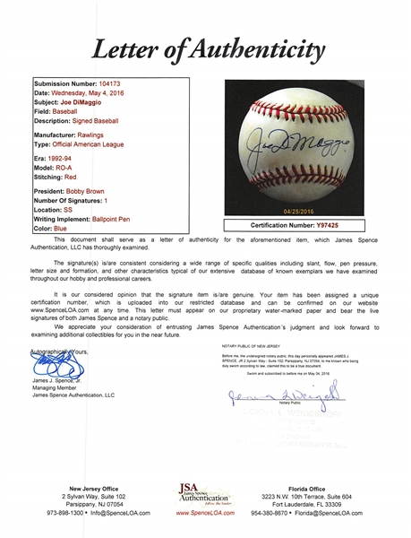 Joe DiMaggio Signed Official A.L. Baseball - JSA