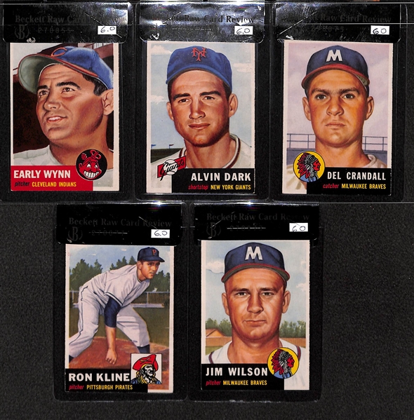 Lot of 5 - 1953 Topps Early Wynn #61 SP, Alvin Dark #109, Del Crandall #197, Jim Wilson #208, & Ron Kline # 175 RC - All BVG 6.0