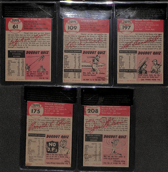 Lot of 5 - 1953 Topps Early Wynn #61 SP, Alvin Dark #109, Del Crandall #197, Jim Wilson #208, & Ron Kline # 175 RC - All BVG 6.0