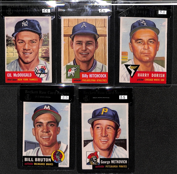 Lot of 5 - 1953 Topps Gil McDougald #43, Billy Hitchcock #17, Harry Dorish #145, George Metkovich #58, & Bill Bruton #214 RC - All BVG 5.5