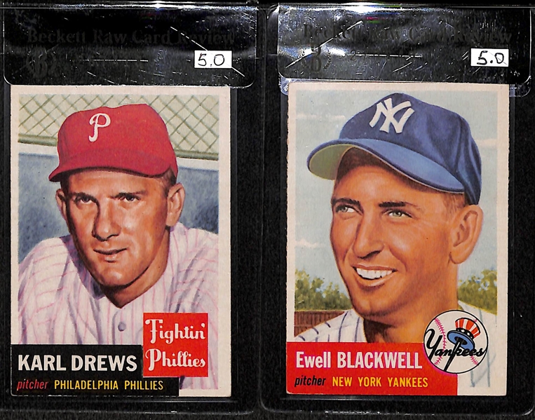 Lot of 4 - 1953 Topps Ralph Kiner #191, Hoyt Wilhelm #151, Karl Drews #59, & Ewell Blackwell #31 - All BVG 5.0