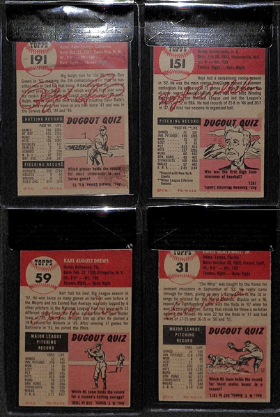 Lot of 4 - 1953 Topps Ralph Kiner #191, Hoyt Wilhelm #151, Karl Drews #59, & Ewell Blackwell #31 - All BVG 5.0