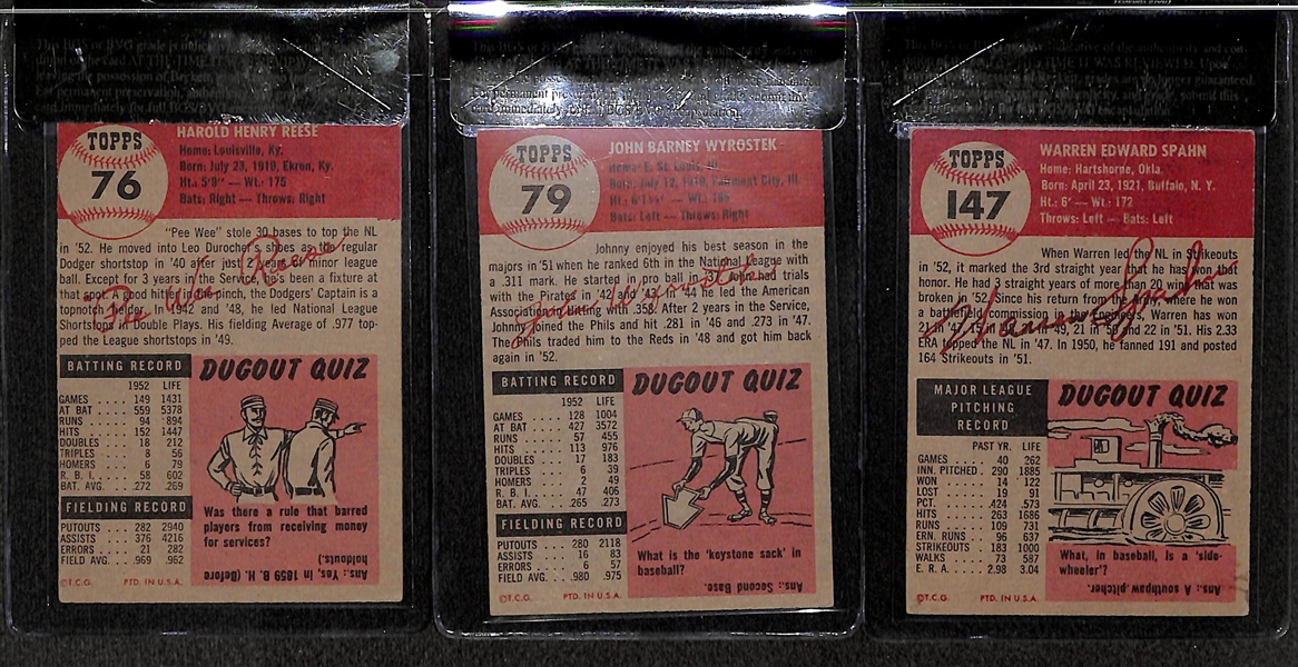 Lot of 3 - 1953 Topps Warren Spahn #147, PeeWee Reese #76, Johnny Wyrostek #79 - All BVG 4.5