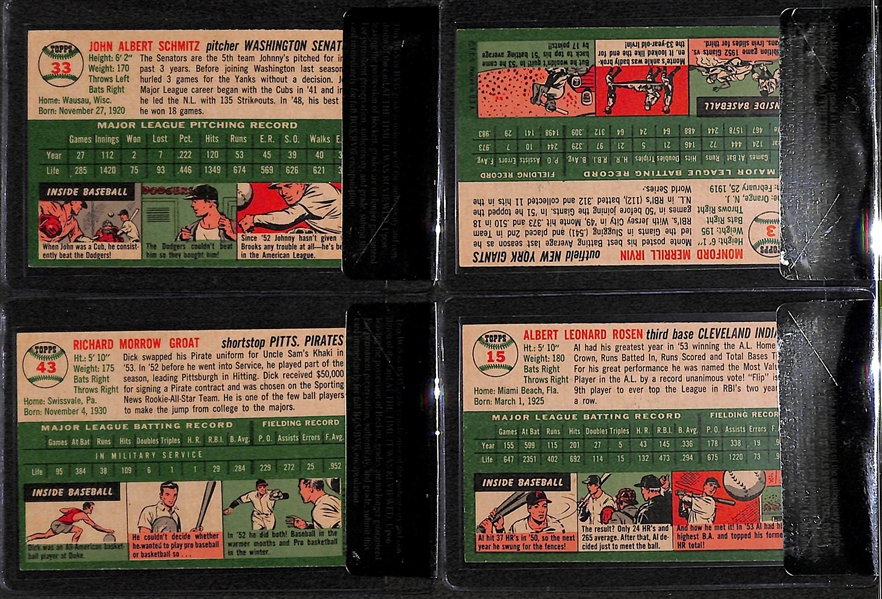Lot of 4 - 1954 Topps Monte Irvin #3, Al Rosen #15, Johnny Schmitz #33, Dick Groat #43 - All BVG 7.0