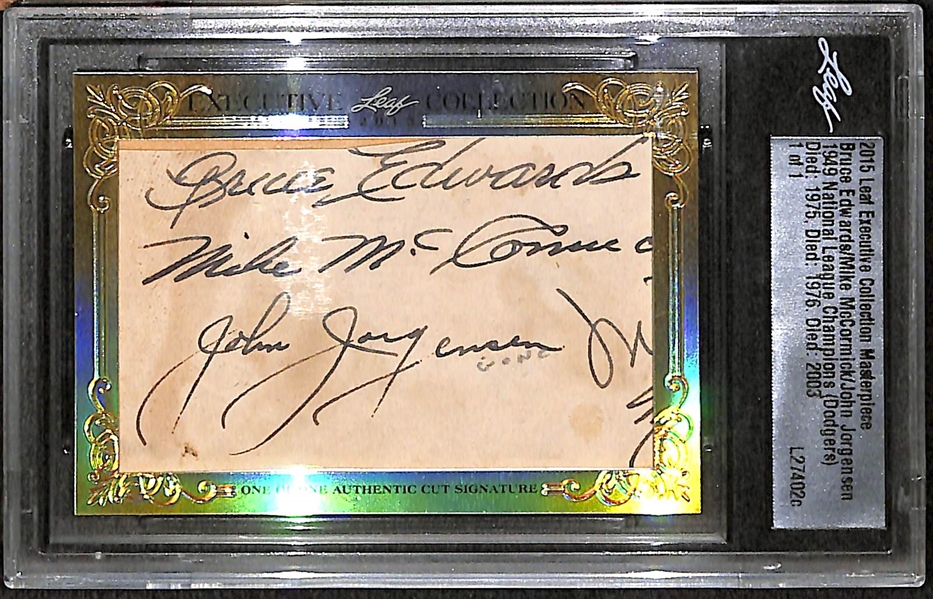 2015 Leaf Executive Collection 1950s Brooklyn Dodgers signed card (Bruce Edwards - Mike McCormick - John Jorgensen) #ed 1/1 Cut Autograph Card