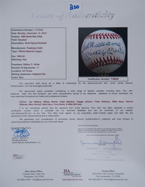 500 Home Run Hitters Autographed Baseball w/ Mantle - JSA LOA