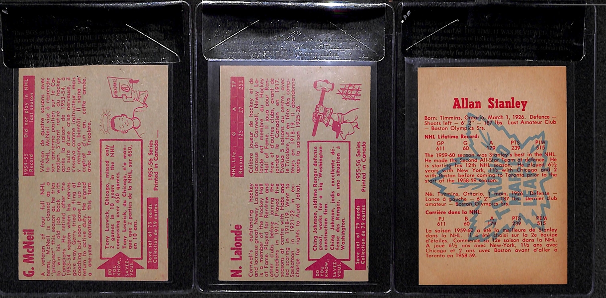 Lot of 3 Graded Vintage Hockey Cards - 1955/56 Parkhurst Gerry McNeil #52, Newsy Lalonde #55 & 1960/61 Parkhurst Allan Stanley #16 - BVG 7.0, 6.0, 6.0