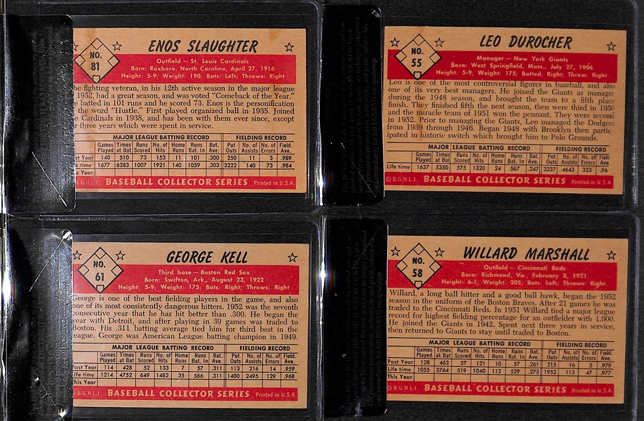 Lot of 4 - 1953 Bowman Color George Kell #61, Enos Slaughter #81, Willard Marshall #58, Leo Durocher #55 - BVG 5.5, 5.0, 5.0, 4.5.