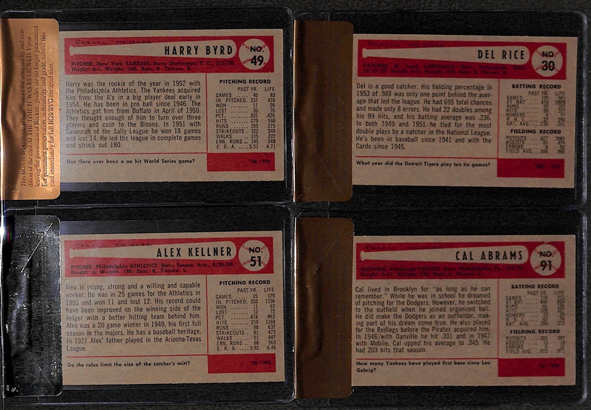 Lot of 4 - 1954 Bowman Alex Kellner #51 , Harry Byrd #49, Cal Abrams #91, & Del Rice #30 - BVG - *HIGH GRADE*