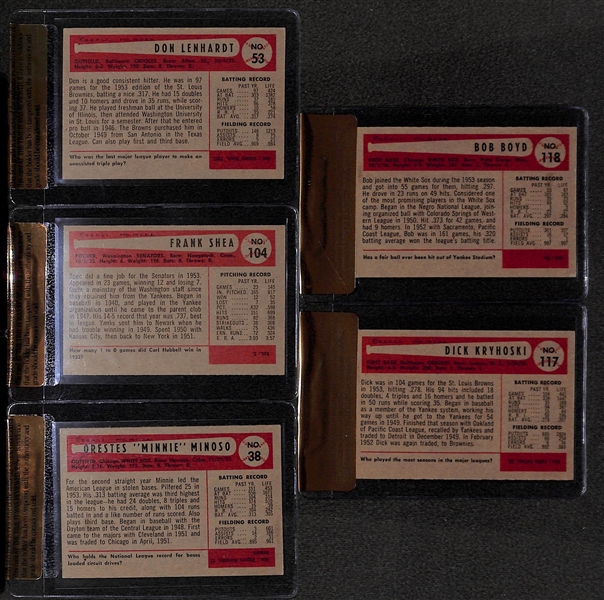 Lot of 5 - 1954 Bowman Orestes Minoso #38A, Frank Shea #104, Don Lenhardt #53A, Dick Kryhoski #117, Bob Boyd #118 - BVG 7.5 & 8