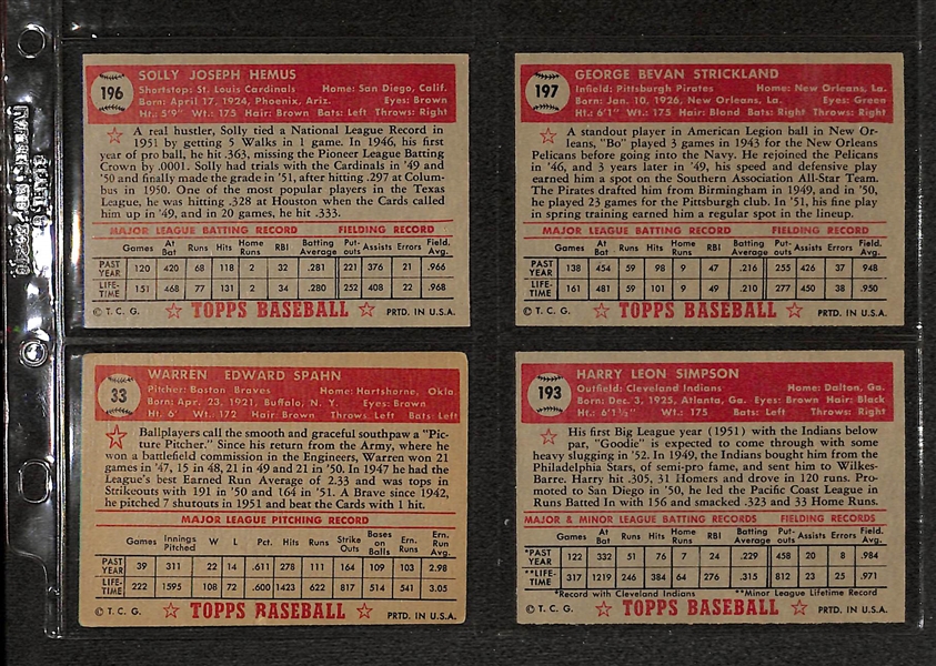 Lot Of 4 1952 Topps Baseball Cards w/ Spahn