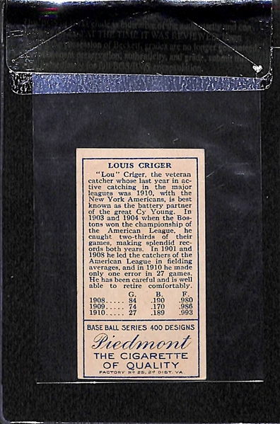 1911 T205 Louis Criger - Piedmont Back - BVG 6.5