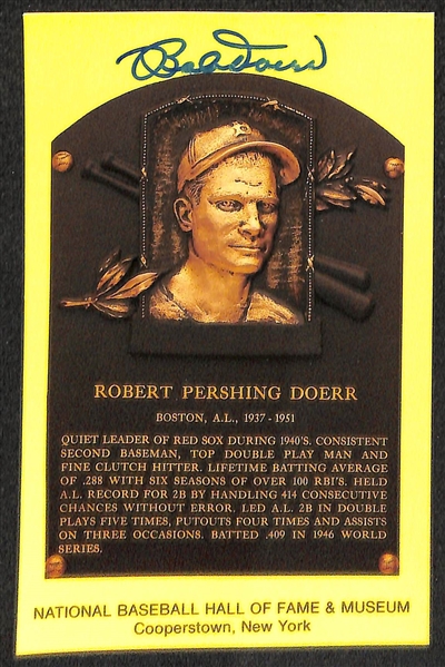 Lot Of 4 Signed HOF Plaque Cards w. Judy Johnson, George Kell, Bobby Doerr, Lou Boudreau 