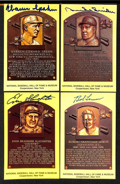 Lot Of 4 Signed HOF Plaque Cards w. Warren Spahn, Duke Snider, Enos Slaughter, Bob Lemon