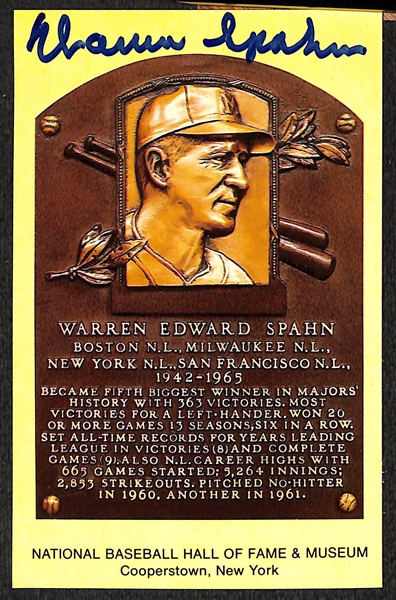 Lot Of 4 Signed HOF Plaque Cards w. Warren Spahn, Duke Snider, Enos Slaughter, Bob Lemon