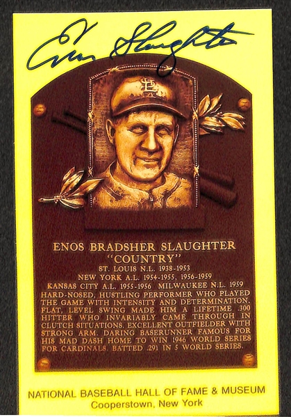 Lot Of 4 Signed HOF Plaque Cards w. Warren Spahn, Duke Snider, Enos Slaughter, Bob Lemon
