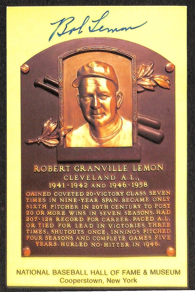 Lot Of 4 Signed HOF Plaque Cards w. Warren Spahn, Duke Snider, Enos Slaughter, Bob Lemon