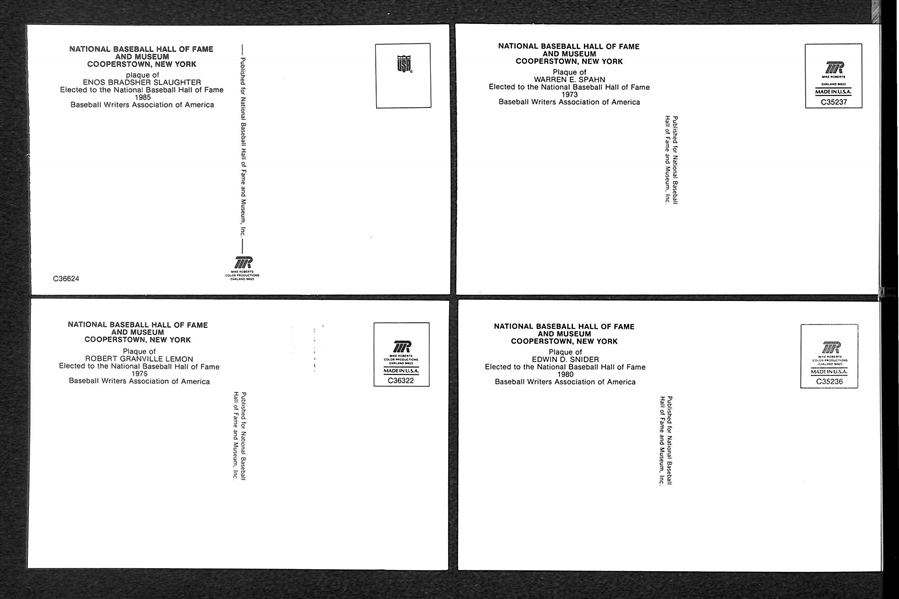 Lot Of 4 Signed HOF Plaque Cards w. Warren Spahn, Duke Snider, Enos Slaughter, Bob Lemon