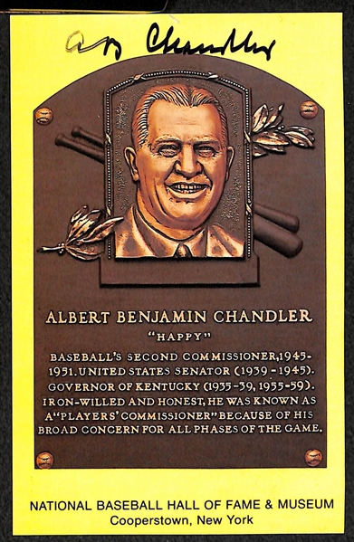 Lot Of 4 Signed HOF Plaque Cards w. Johnny Mize, Albert Chandler, James Hunter, Monford Irvin