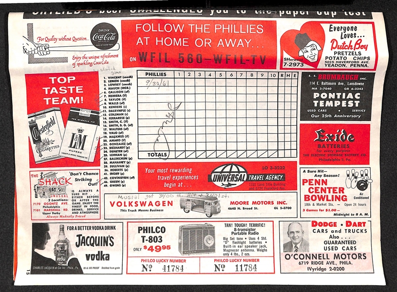 Stan Musial Signed 1961 Scorecard (JSA LOA) showing his RARE vintage style signature!