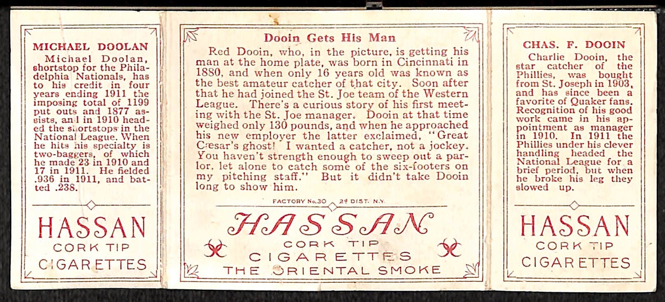 1912 T202 Hassan Triple Folder - Dooin/Doolan - Dooin Gets His Man