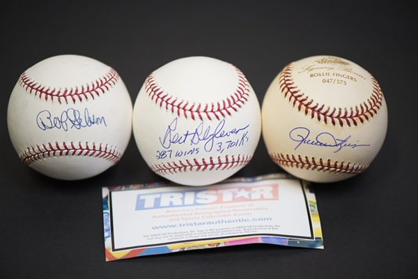 Lot of 3 Baseball HOF Pitchers Single Signed Baseballs w. Bob Gibson, Bert Blyleven (Tristar), & Rollie Fingers