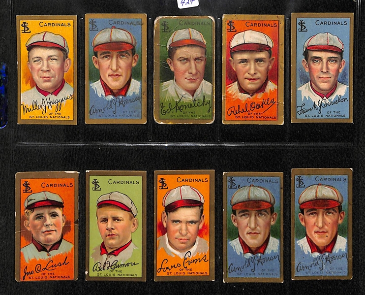 Lot Of 10 1911 T205 St. Louis Cardinals Cards w. Miller Huggins, Hauser, Konetchy, Oakes, Corridon, Lush, Harmon, Evans