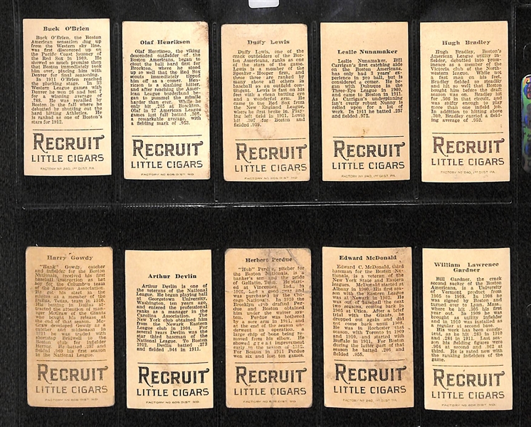 Lot Of 10 1912 T207 Boston Red Sox Cards w. Hugh Bradley, Nunamaker, Lewis, Henriksen, O'Brien, Gardner, McDonald, Perdue, Devlin, Gowdy